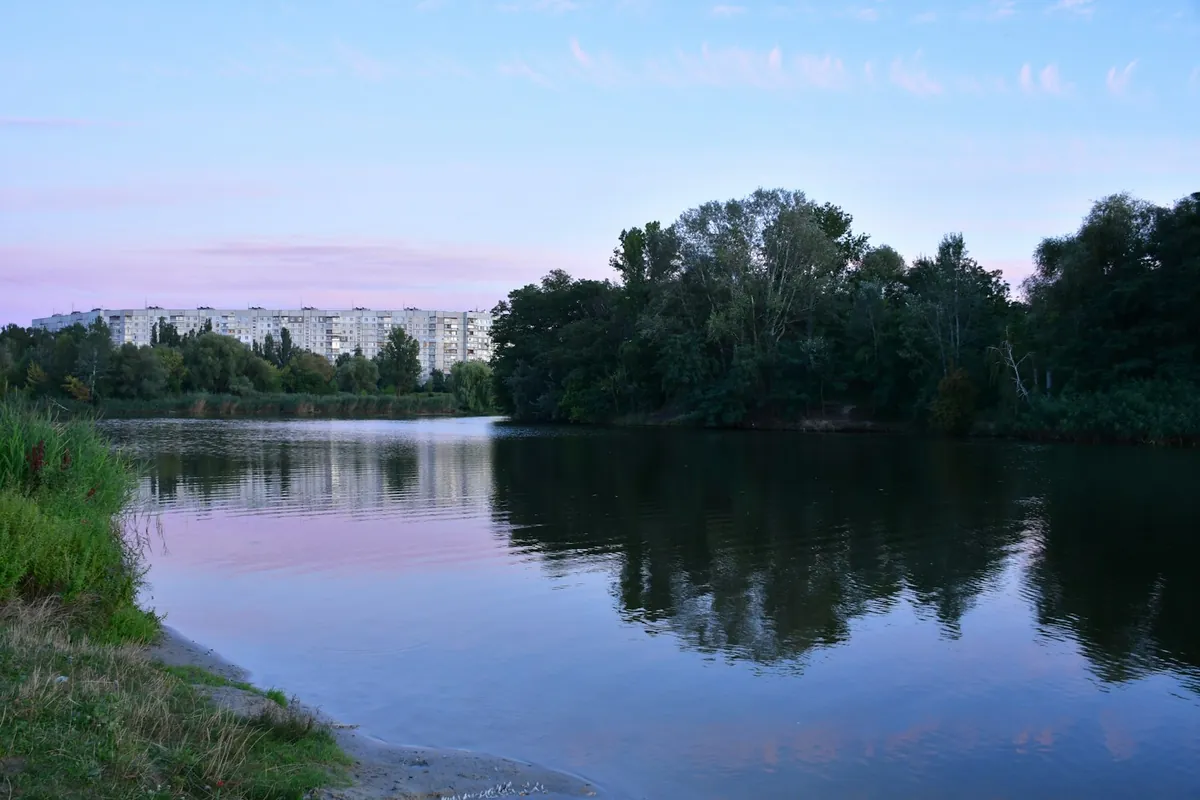A calm river with a wooded bank under a pale sky
