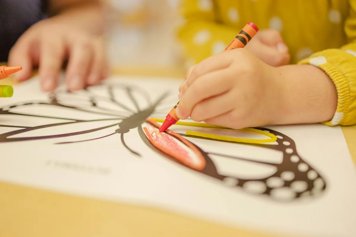 A child colouring a butterfly picture with crayons