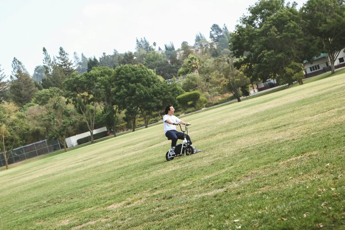 A pushchair being pushed along a path across a green lawn