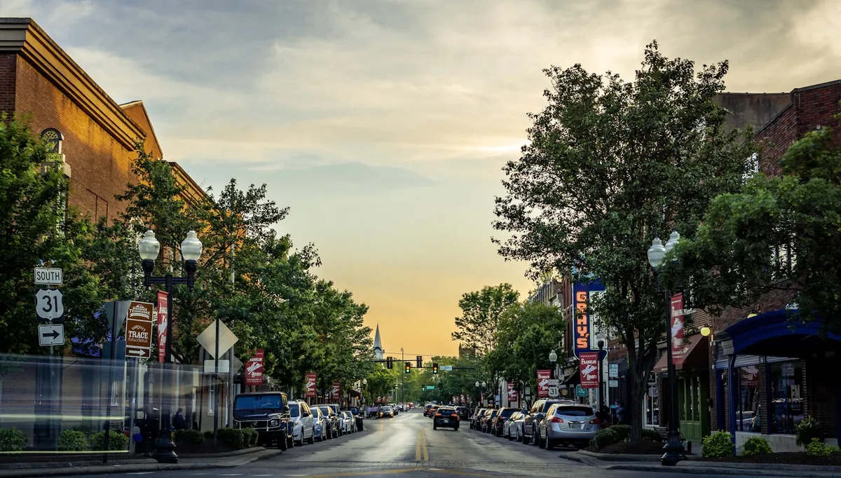 A small-town main street lined with shops in evening light