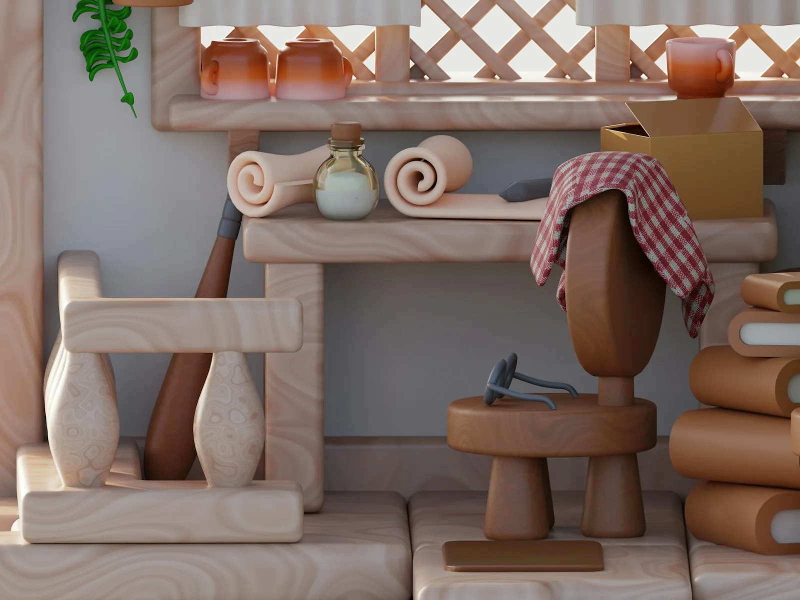 Wooden toys arranged neatly on a shelf
