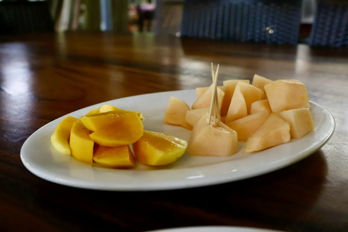 Sliced mango and melon pieces on an oval plate
