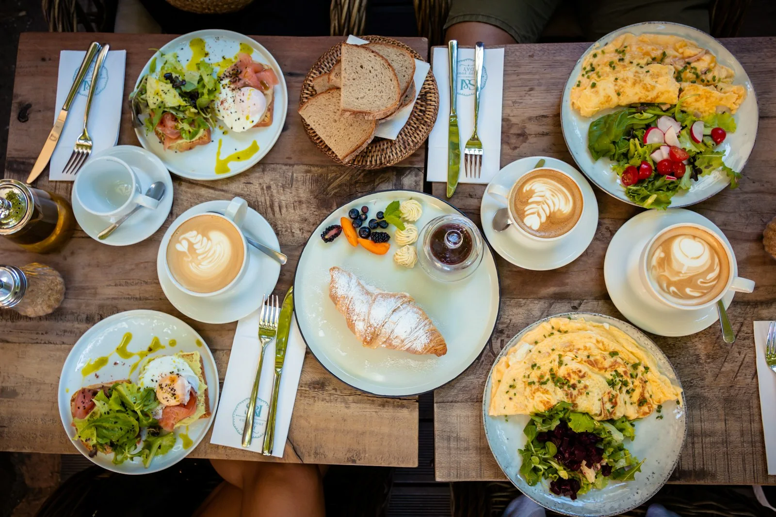 An overhead view of a laid table with breakfast plates and coffee