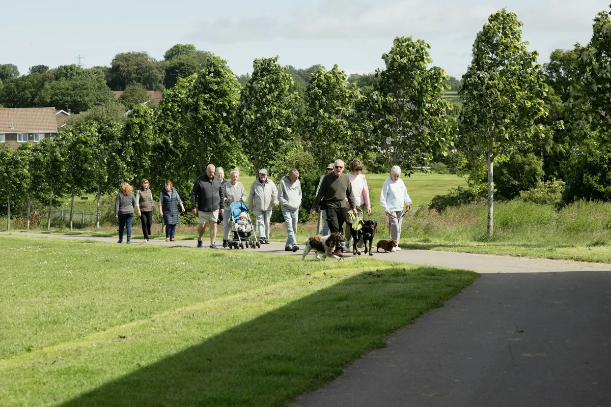 People walking along a wide path through a green park