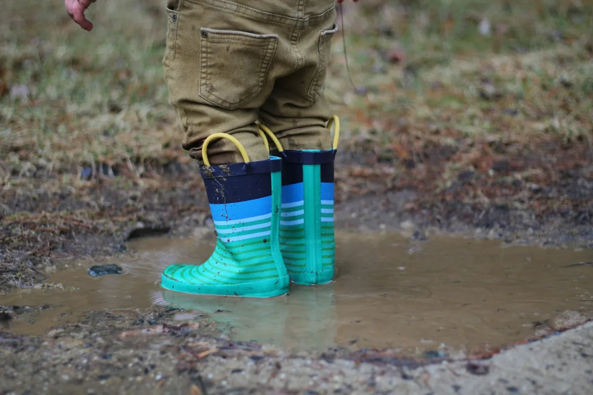 Small striped wellies standing in a puddle