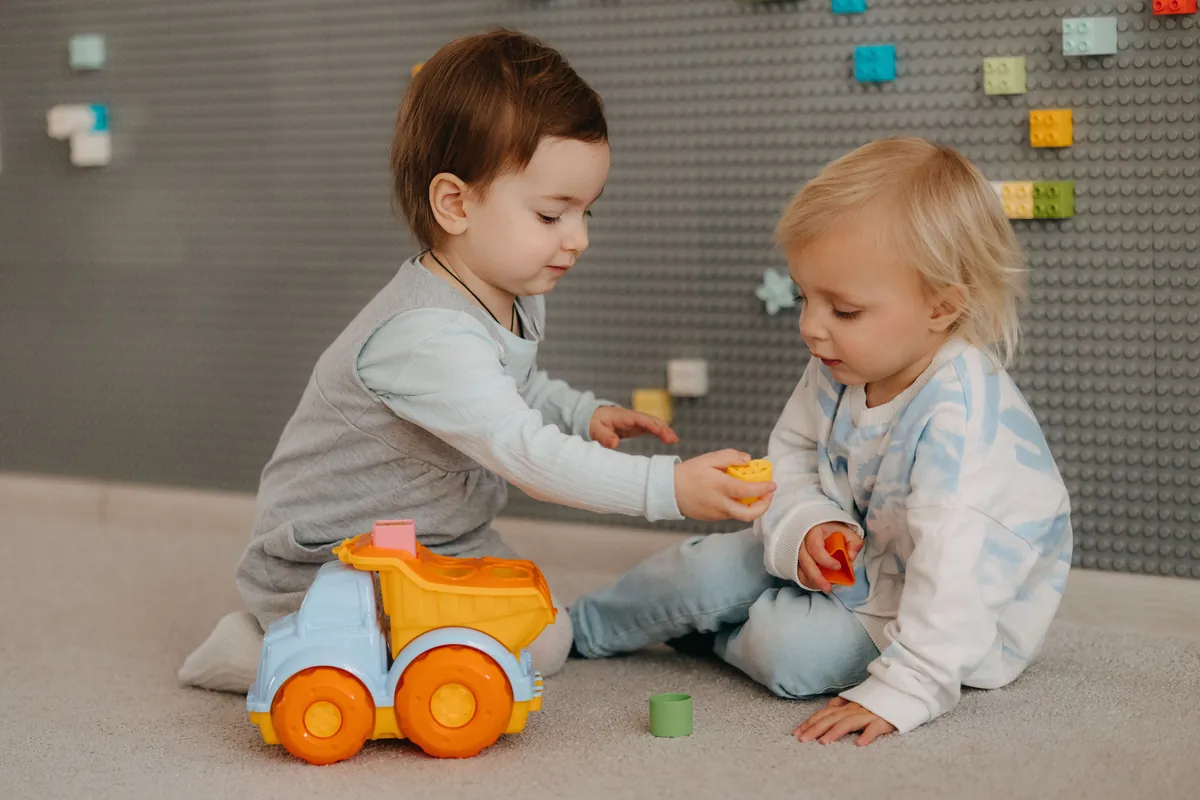 Two toddlers playing with toys together on a play mat